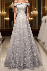 Gray tulle lace long Semi Formal Prom Dresses, lace tulle bridesmaid Dresses